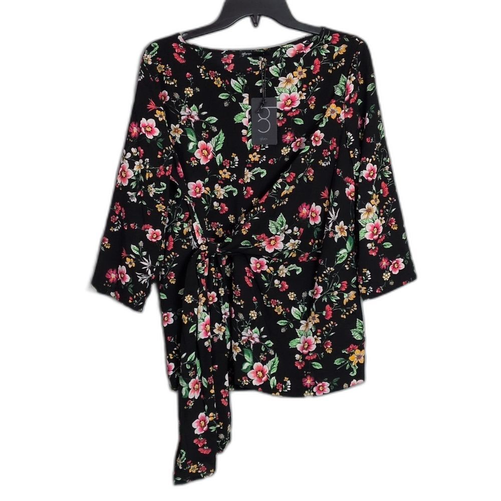 Gibson Black Floral Faux Wrap Tie Top Polyester Women's L NWT